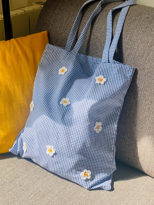 Tote bag en coton vichy bleu